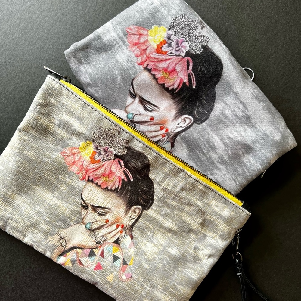 Frida Kahlo, Gray Zipper Pouch/Wristlet /Clutch with coordinating shawl.